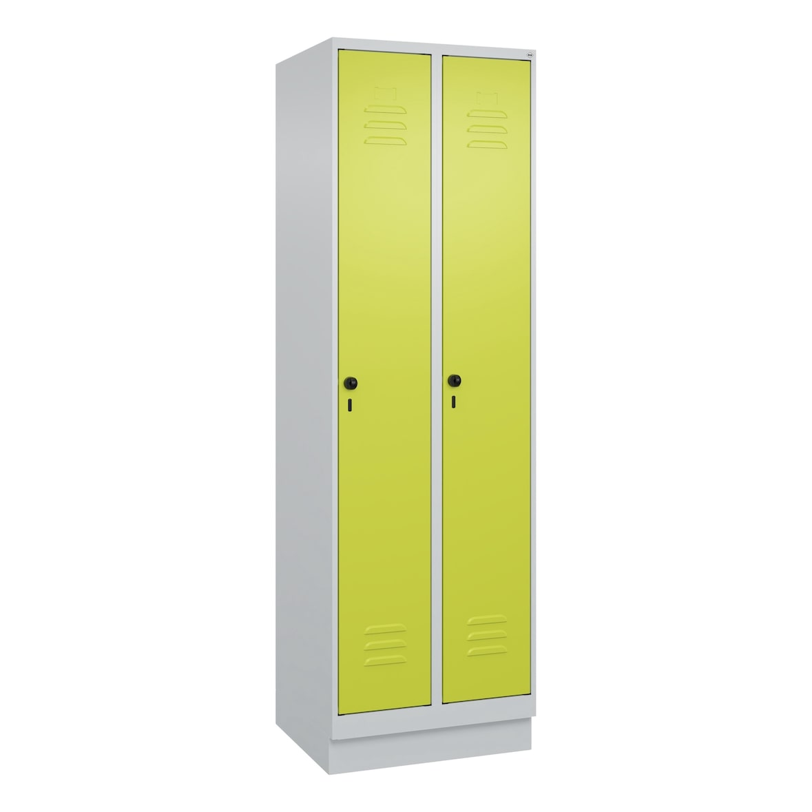 C+P Spind Classic PLUS, Sockel, 2 Abteile, HxBxT 195x60x50cm, Sicherheitsdrehriegel, Hellgrau/Clowngrün von PROREGAL