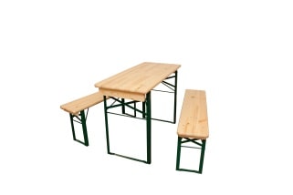 METRO PROFESSIONAL Juego de mesa y bancos de 3 piezas, madera de pino/acero, 1 mesa, 2 bancos, marrón/verde natural