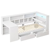 thumbnail of L-förmiges Holz-Plattformbett 90x200 mit Schreibtisch und Bücherregal, platzsparendes Tagesbett, multifunktionales Bettgestell, modernes Design, Weiß