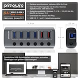 thumbnail of Primewire - USB 3.2 Gen.1 6 Port Hub aktiv schaltbar - mit Netzteil - 4 x USB 3.2 Gen1, 2X USB 3.0 mit smart Charge (Ladeports) - Alugehäuse grau