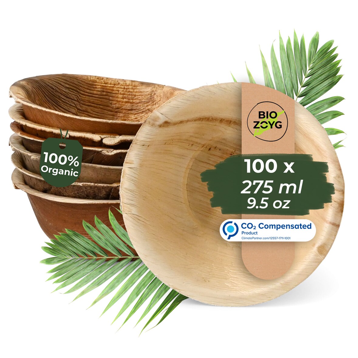 BIOZOYG 100 Stück runde Einwegschalen Palmblattschalen 275ml für Partys, umweltfreundliches Biogeschirr, Einmalgeschirr, biologisch abbaubar