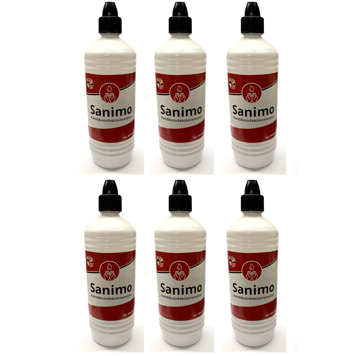 6x 1000ml Sanimo Handdesinfektionsmittel - anwendungsfertig - nach Rezept der WHO Desinfektionsmittel Hände Nachfüllflasche
