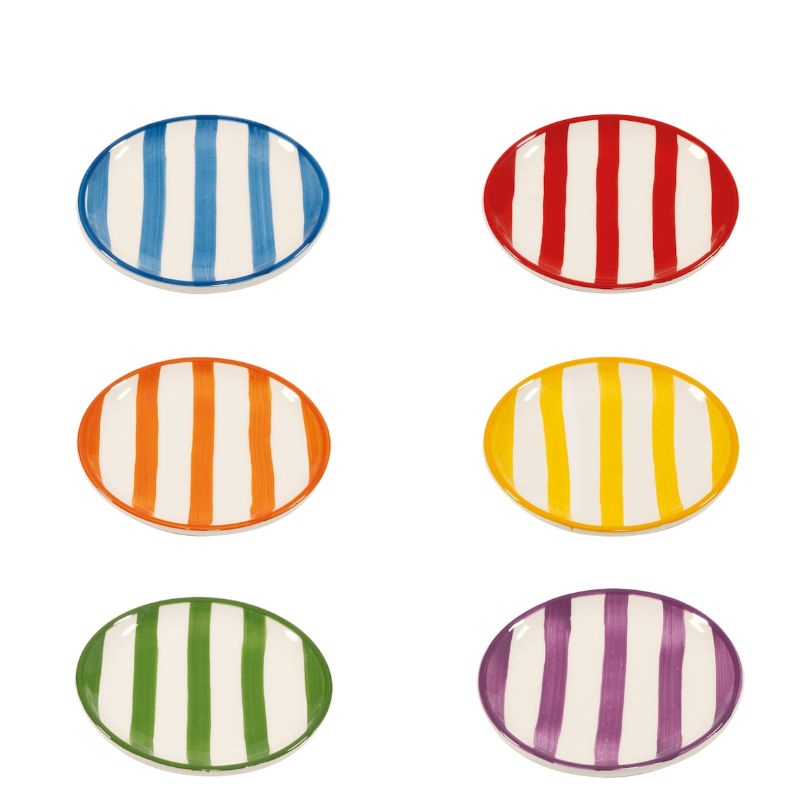 Set de 6 platillos Zafferano Lido, cerámica artesanal italiana, diseño moderno con rayas elegantes y colores surtidos, ideal para decorar su mesa.