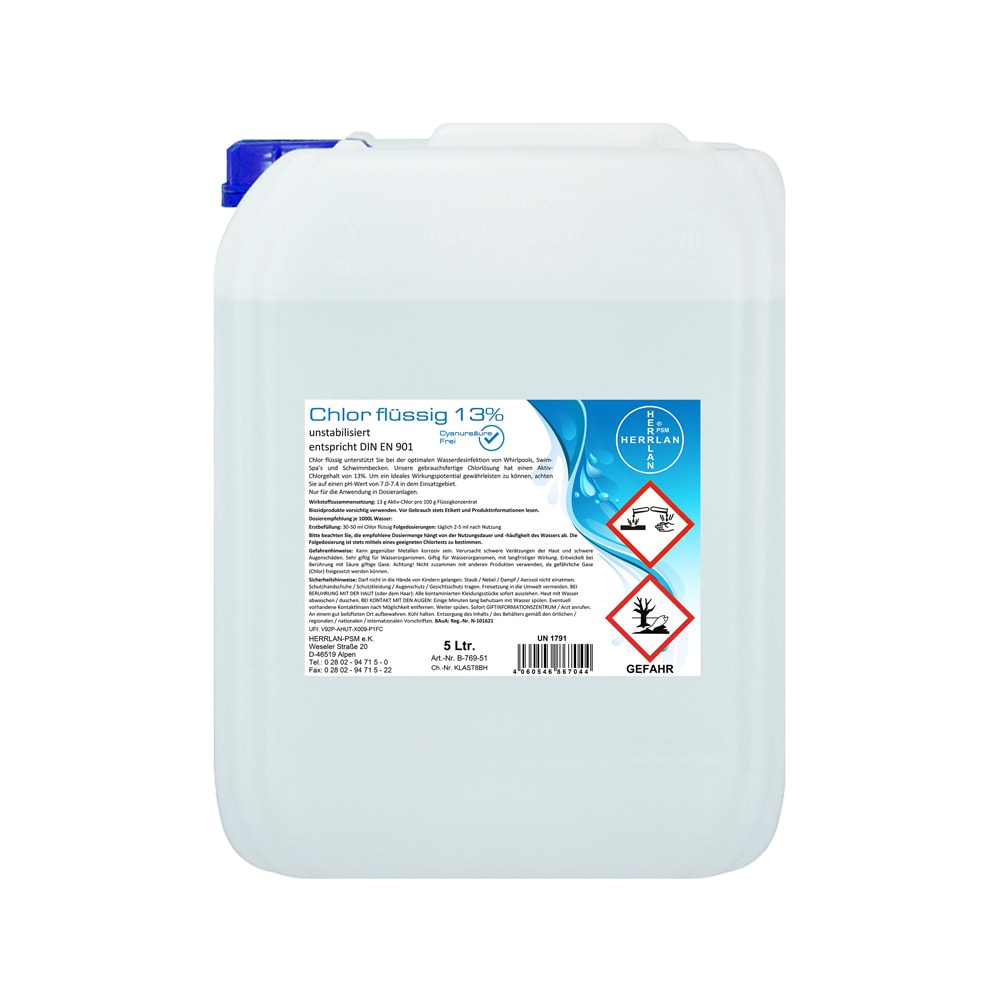 Chlor flüssig 5 Liter (6 Kg) unstabilisiert mit 13% Aktivchlorgehalt Hochwirksame Wasserdesinfektion für Pools, Whirlpools und SwimSpa's