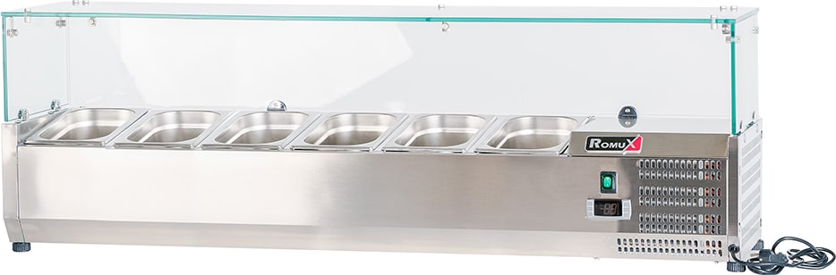 Romux® Kühlvitrinen für Tapas 140x33x44 cm aus Edelstahl und Glashaube mit 6 Becken GN 1/4 | Gekühlte Vitrine mit digitalem Dixell-Thermostat