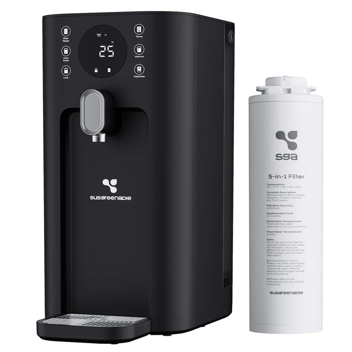 SUSGREENABLE x CIARRA Filtro de água, sistema de osmose reversa UV, filtro RO 5 estágios sobre bancada