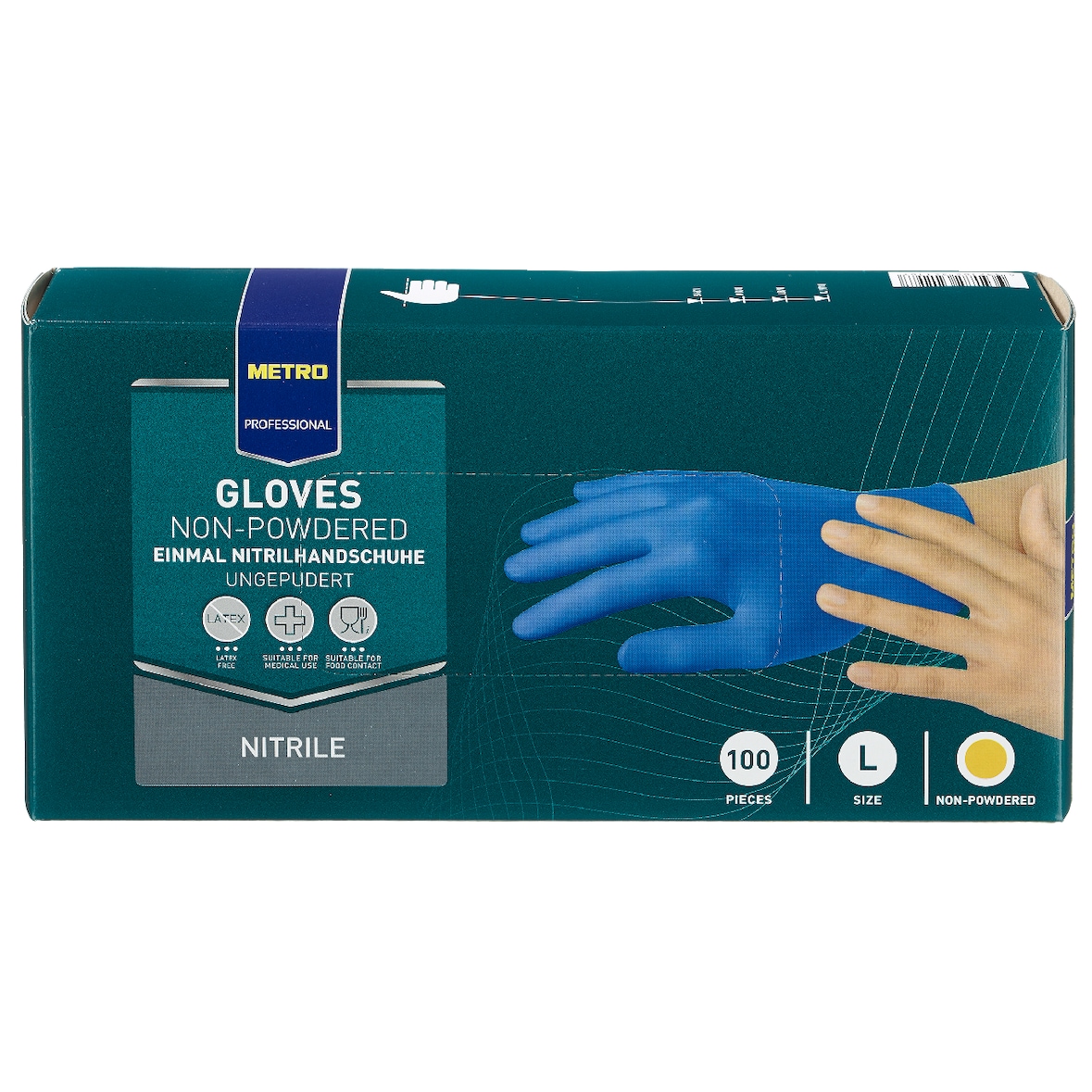 METRO Professional Luvas descartáveis, nitrilo, sem pó, tamanho L, azul, 100 unidades
