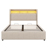 thumbnail of Polsterbett mit Stauraum und LED-Farbwechsel, hydraulischem Hebemechanismus und USB-Anschlüssen, aus Leinenstoff, 140x200 cm, Beige