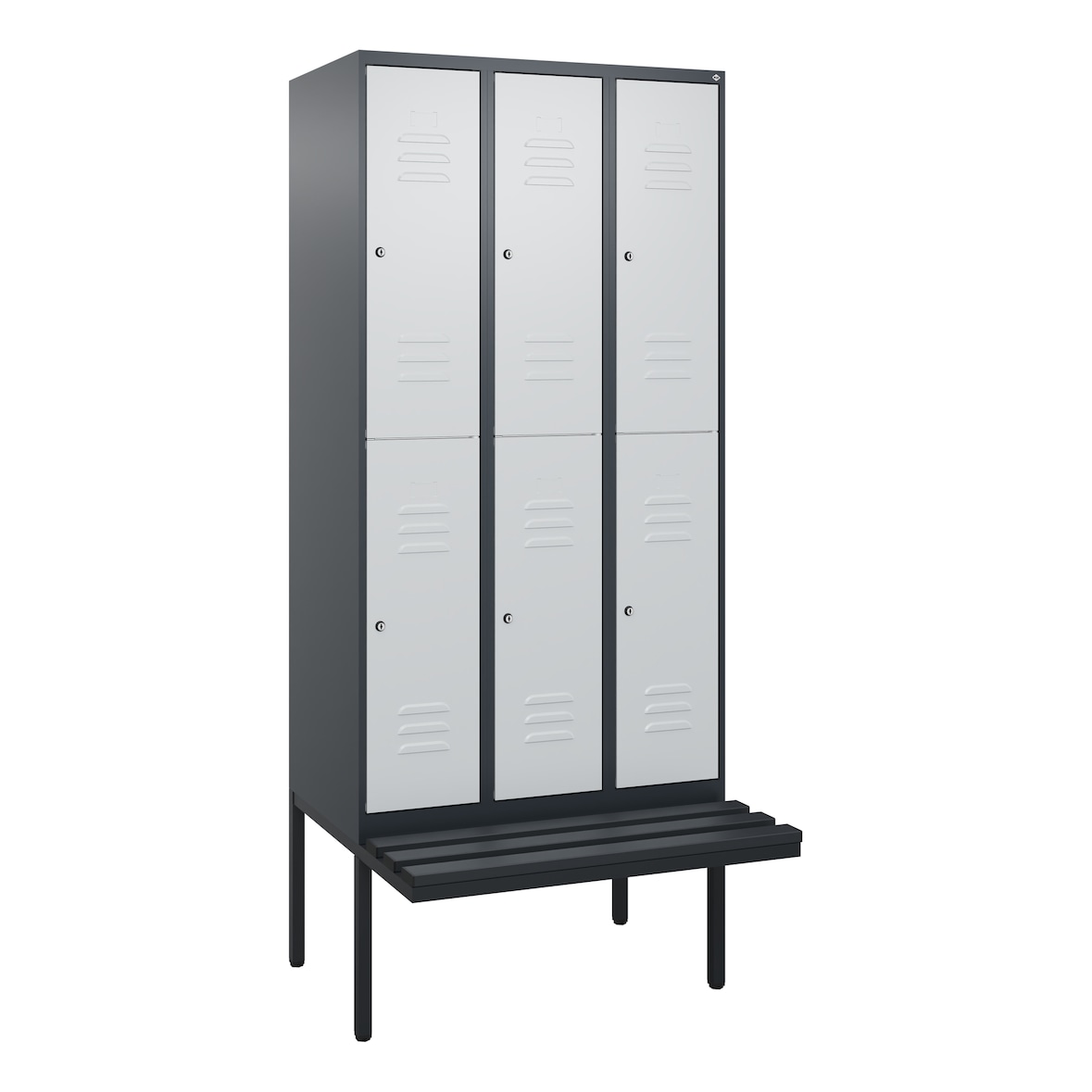 C+P Spind Classic PLUS, Kunststoff schwebende Sitzbank, 6 Abteile, HxBxT 212x90x82cm, Zylinderschloss, Anthrazit/Hellgrau von PROREGAL