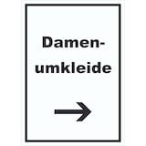 thumbnail of Damenumkleide Schild mit Text und Richtungspfeil rechts hochkant A6 Rückseite selbstklebend