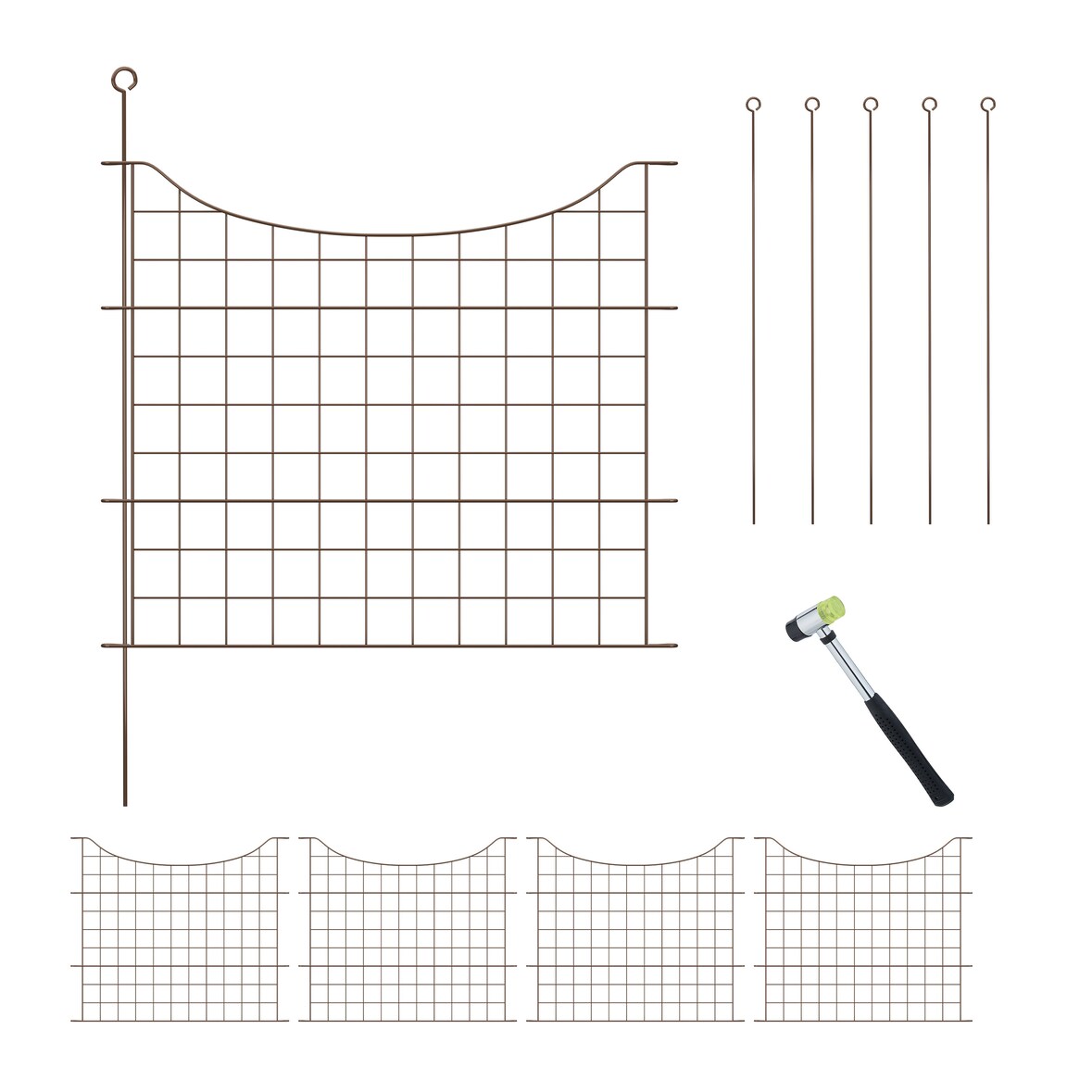 Relaxdays Teichzaun, 5 Zaunelemente, HxB: je 65x75 cm, Garten, Begrenzungszaun Unterbogen, zum Stecken, Metall, braun