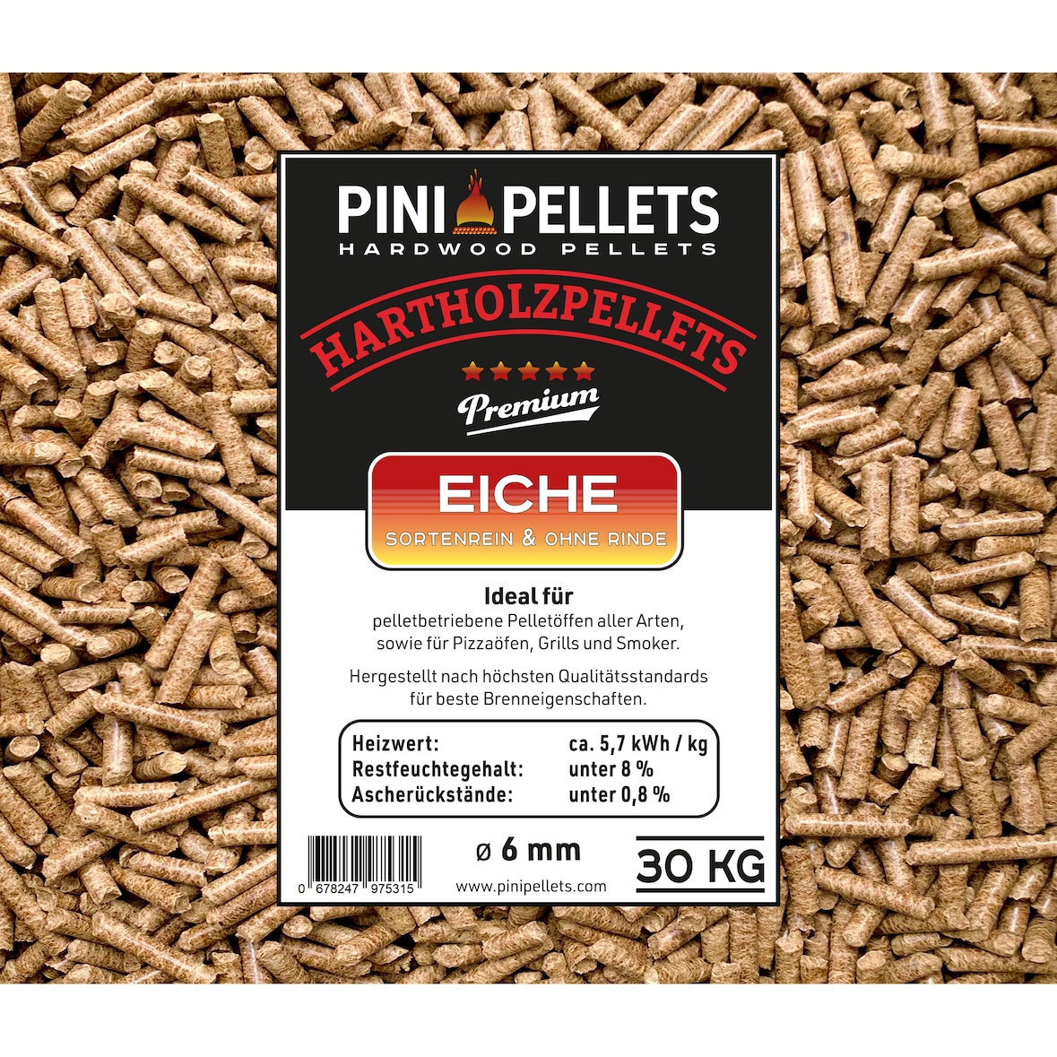 Hartholz Pellets 6 mm PINI 30 Kg zum Heizen Grillen Räuchern Smoken