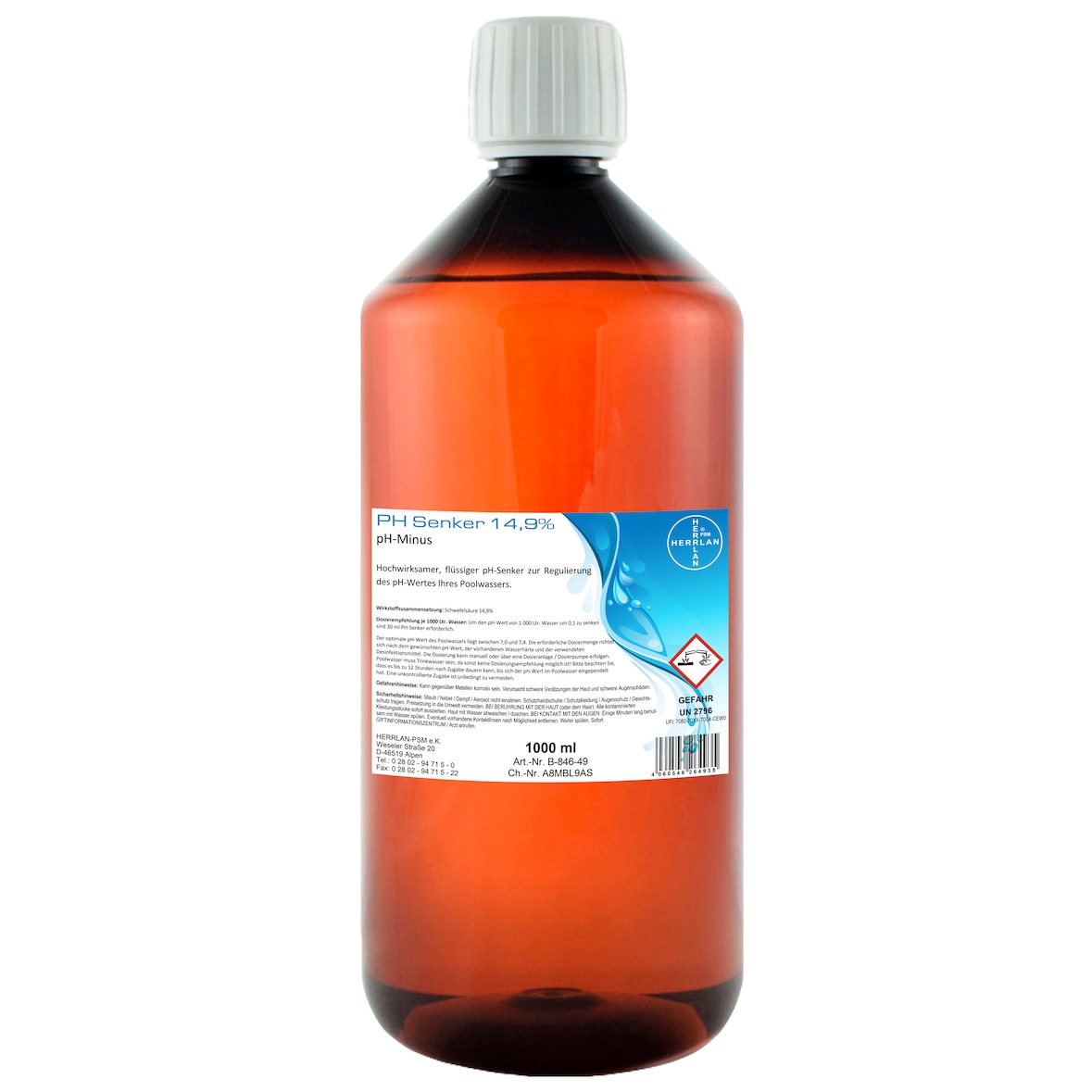 HERRLAN® PH Senker 14,9% – 1 Liter – Flüssiger pH-Senker für Pool & Schwimmbad - Professionelle pH-Regulierung für Chlor- & Salzwasseranlagen