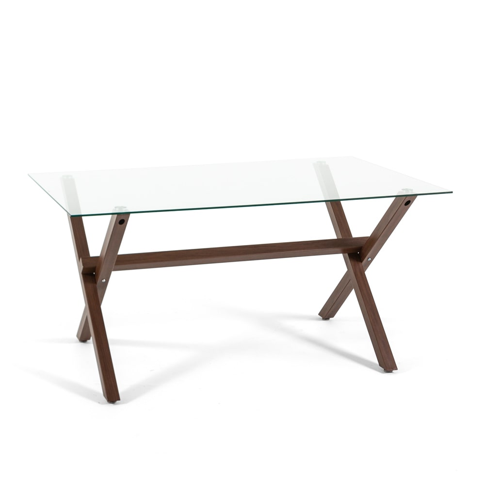 Mesa rectangular 150x90 cm con tablero de vidrio templado y patas cruzadas de metal efecto madera, ideal para cocina, comedor u oficina –Madera – Amos