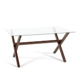 thumbnail of Mesa rectangular 150x90 cm con tablero de vidrio templado y patas cruzadas de metal efecto madera, ideal para cocina, comedor u oficina –Madera – Amos
