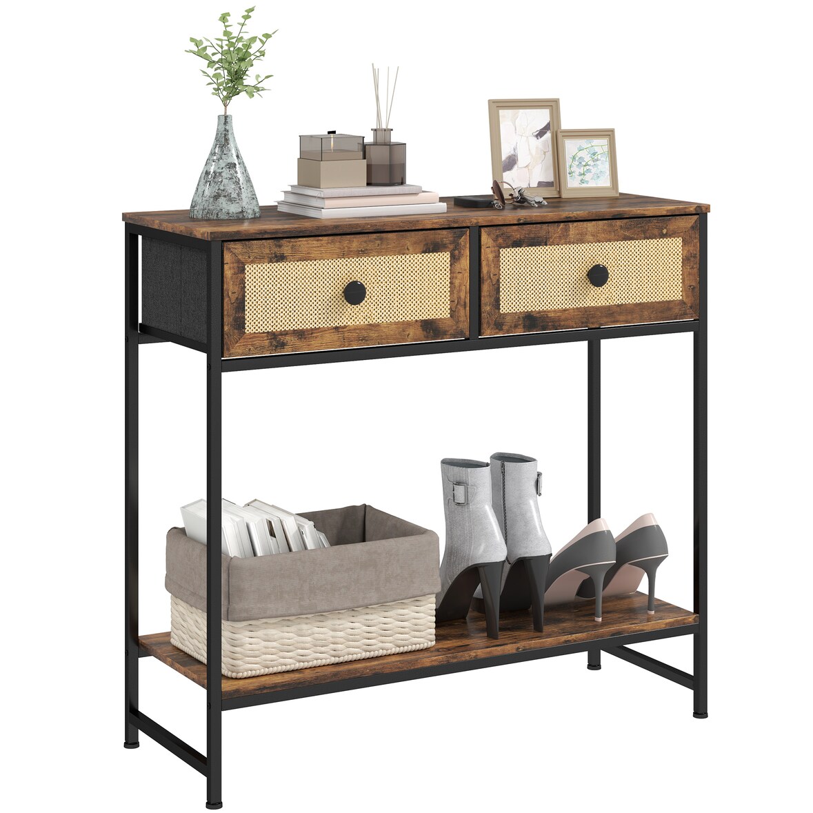 HOMCOM mesa consola mueble para recibidor con estante abierto y 2 cajones frontales de ratán 80x30x75 cm marrón rústico