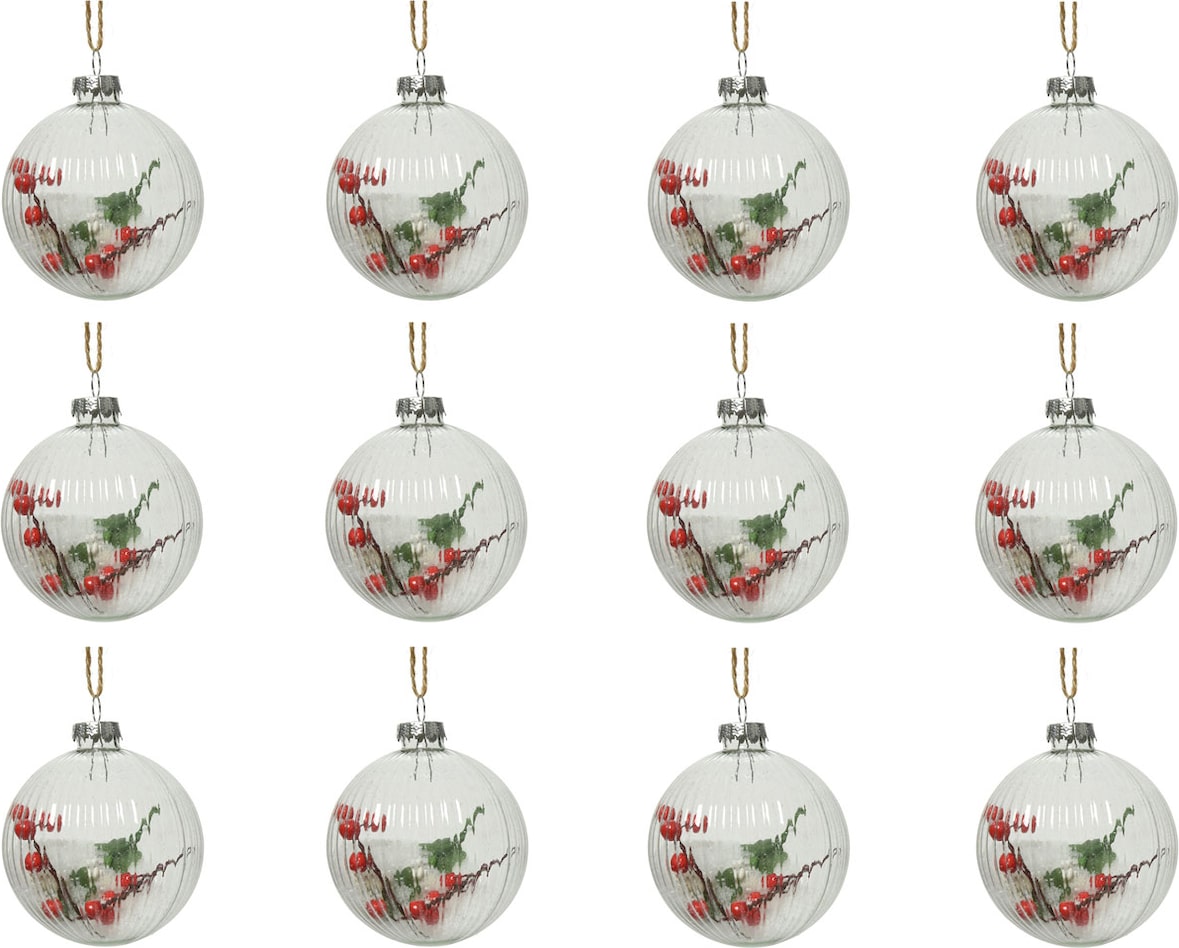 Weihnachtskugeln 8cm Glas Christbaumkugeln Beerenzweige Schnee transparent klar