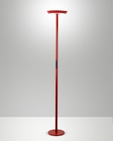Ein roter Stehleuchte mit einem runden Sockel.