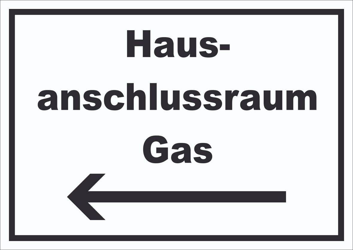 Hausanschlussraum Gas Schild mit Text und Richtungspfeil links HAR waagerecht A2 Rückseite selbstklebend