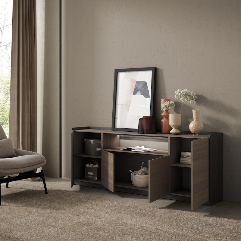 Credenza, Mobile, Cucina, 207x80x37 cm, 4 Porte, LED, Rovere scuro e ...