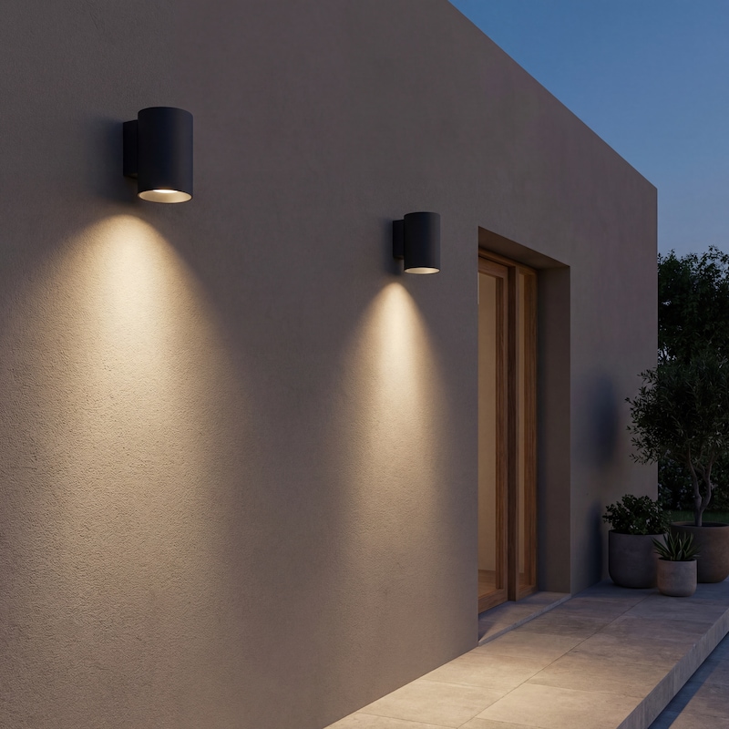 Las luces de pared exteriores iluminan un camino.
