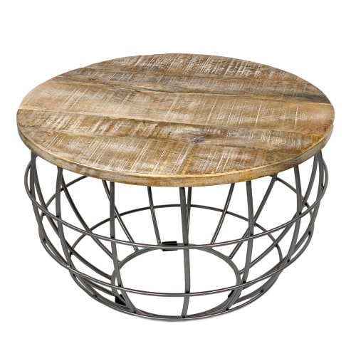 Couchtisch Wohnzimmer-Tisch rund  ø 55 cm  Beistelltisch Metall Gestell Tischplatte Holz massiv : weiß gekälkt