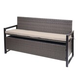thumbnail of Banco de polirratán de 3 plazas HWC-F39, banco de jardín banco arcón, compartimento de almacenaje cojines de asiento ~ gris moteado, cojines beige