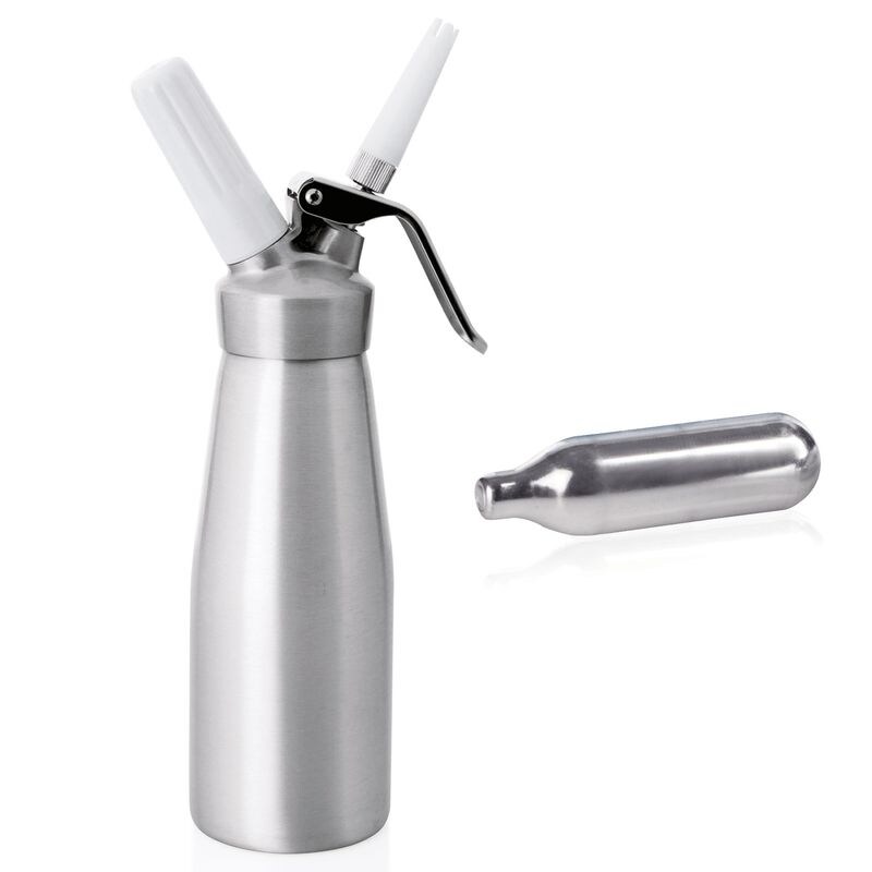 1x Siphon / Sahnespender 1 L mit 3 Spritztüllen und Reinigungsbürste + 72 Einwegdruckkapseln