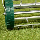 thumbnail of Relaxdays rollender Rasenlüfter, mit Stiel, Vertikutierer manuell, HBT: 145x44x21 cm, Rasenwalze mit Spikes, silber/grün