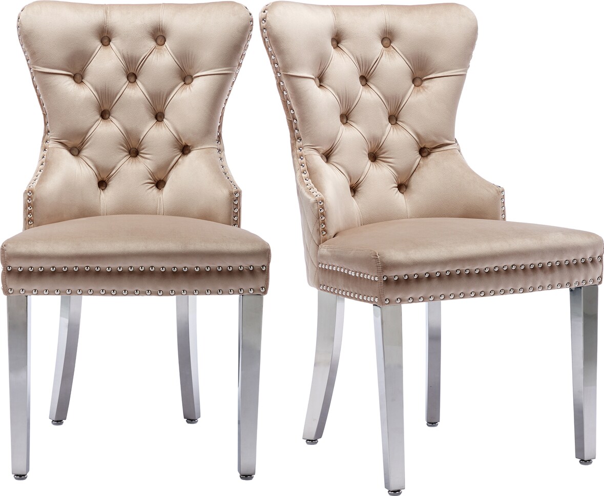 Esszimmerstuhl Samt Beige 95x63x53 cm mit Türklopfer Optik quadratischer Schnalle Nagelkopfdetails Metallbeinen und verstellbaren Bodenschonern