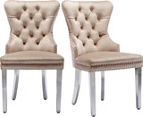 thumbnail of Esszimmerstuhl Samt Beige 95x63x53 cm mit Türklopfer Optik quadratischer Schnalle Nagelkopfdetails Metallbeinen und verstellbaren Bodenschonern