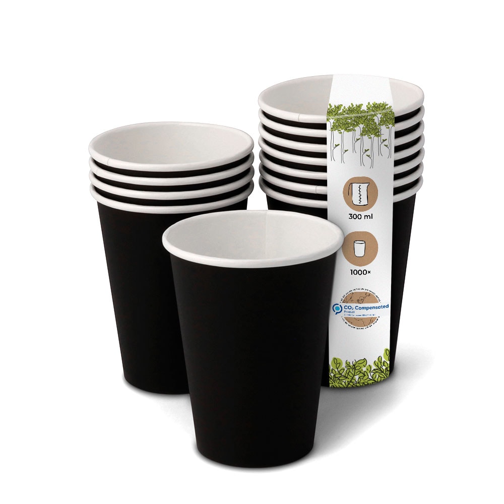 BIOZOYG 1000 Stück Einwegbecher 300ml / 12oz Pappbecher Einmalbecher schwarz bedruckt Kaffee Heißgetränke Recycling biologisch kompostierbar