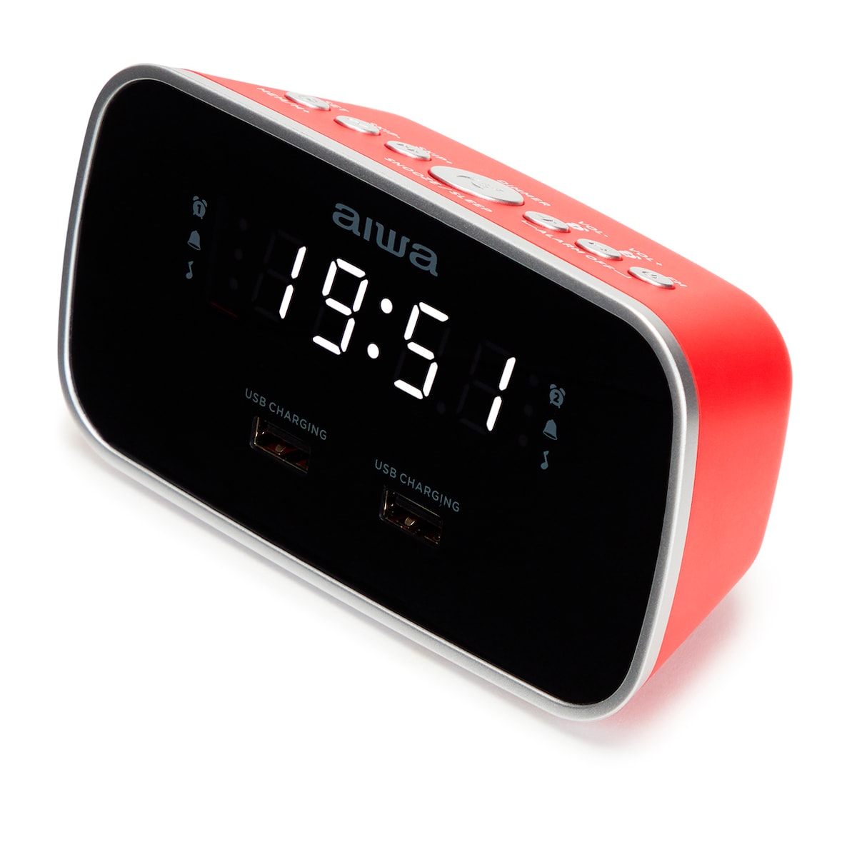 Radio Relógio AIWA CRU-19RD, Duas portas USB frontais, Display LED com ajuste de brilho, Rádio FM com 10 estações predefinidas