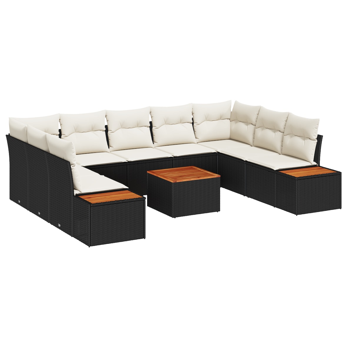 vidaXL 10-teiliges Garten-Sofaset mit Kissen, schwarzes Poly-Rattan und Akazie