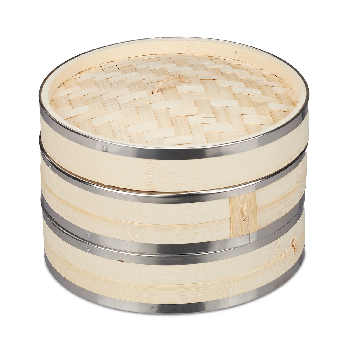 Relaxdays Bambus Dampfgarer, 2 Etagen, mit Metallringen, asiatischer Dampfkorb für Reis, Dim Sum, Gemüse, Ø25,5cm, natur