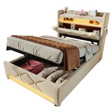 thumbnail of Polsterbett 90x200 mit hydraulischem Stauraum, USB-Anschlüssen, LED-Beleuchtung und Ladefunktion für Smartphone – Beige