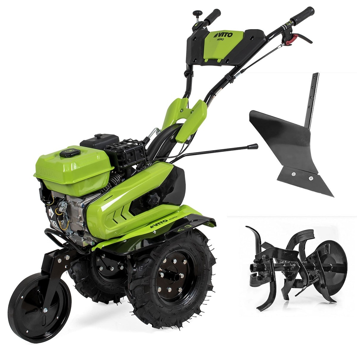 Motocultor de gasolina motor 4 tiempos 212 Cm3 7CV 5200W + Juego de FRESADORAS + Aperos de cama Ideal para jardinería y horticultura VITO