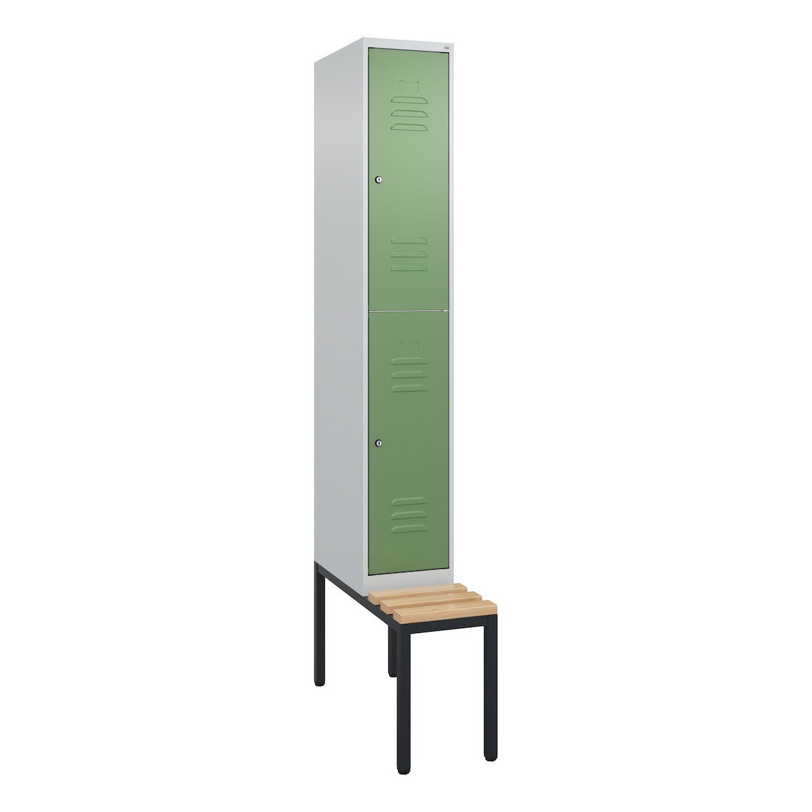 C+P Spind Classic PLUS, Buche untergebaute Sitzbank-Harthol, 2 Abteile, HxBxT 212x30x82cm, Zylinderschloss, Hellgrau/Resedagrün von PROREGAL