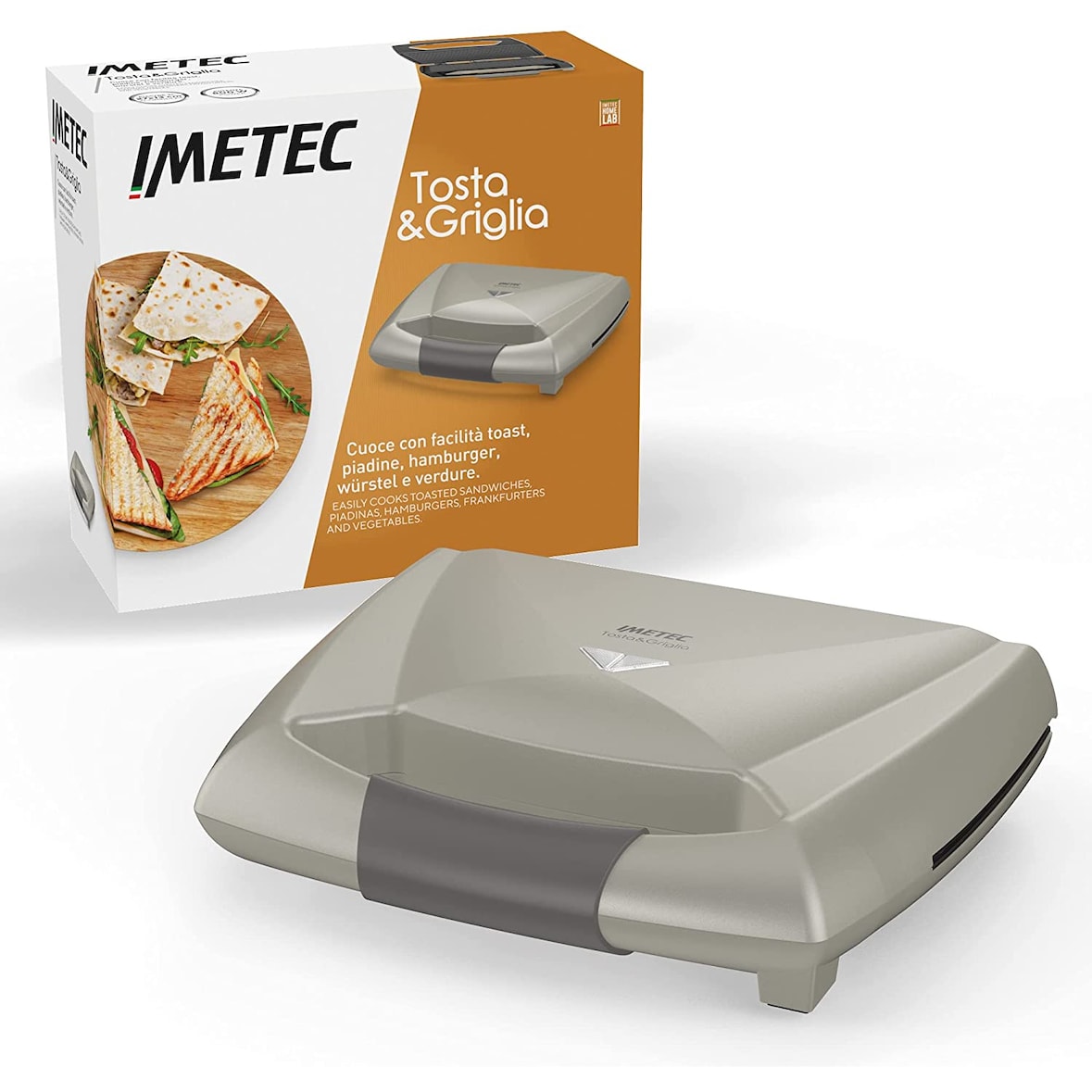 Imetec Tosta&Griglia, Sandwichera, Tostadora, con planchas XL para preparar 3 tostadas a la vez, compacta, placas antiadherentes, 800 W