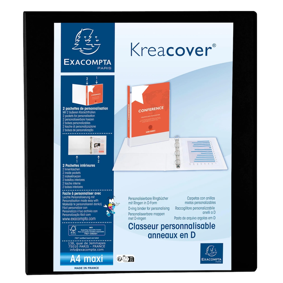 Exacompta 51843NE 10x Ringbuch, 4 Ringe 40mm Rücken 64mm, 3 Außen- und 2 Innenhüllen, 32x28,5cm für DIN A4 MAXI - Kreacover - Schwarz