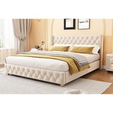 thumbnail of Merax Polsterbett, Massivholz Doppelbett 160x200cm mit Lattenrost und Polster-Kopfteil, Hellbeige