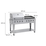 thumbnail of METRO PROFESSIONAL Barbecue a gas con 8 bruciatori e piastra, acciaio inox, 157 x 64 x 122 cm, termometro, con copertura protettiva e ruote, argento