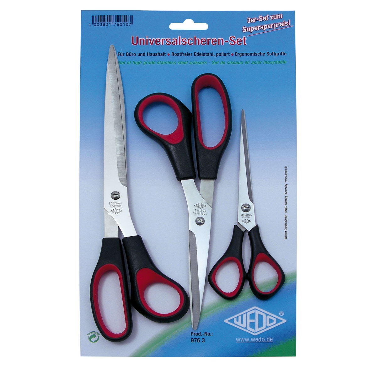 WEDO 9763 Universalscheren-Set, rostfreier Edelstahl, 3-teilig, Kunststoff Softgriffe 16/21/25.5 cm, schwarz/rot