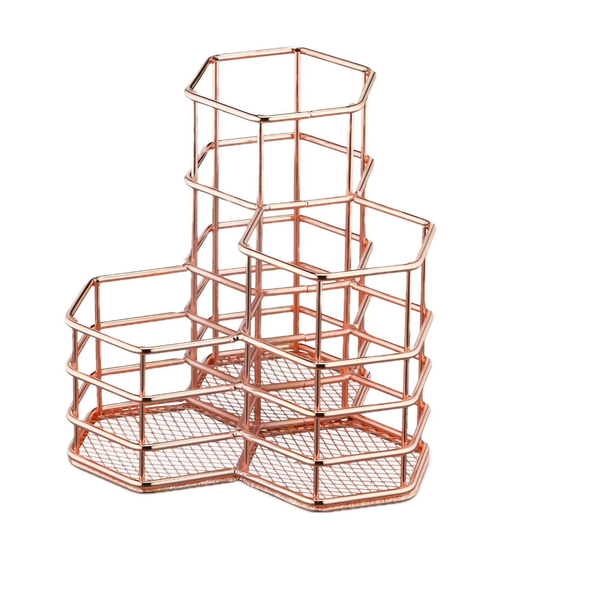 Relaxdays Pinselhalter, 3 Fächer, sechseckig, H x B x T: 12,5 x 12 x 12,5 cm, Draht, Stiftebecher Schreibtisch, rosegold