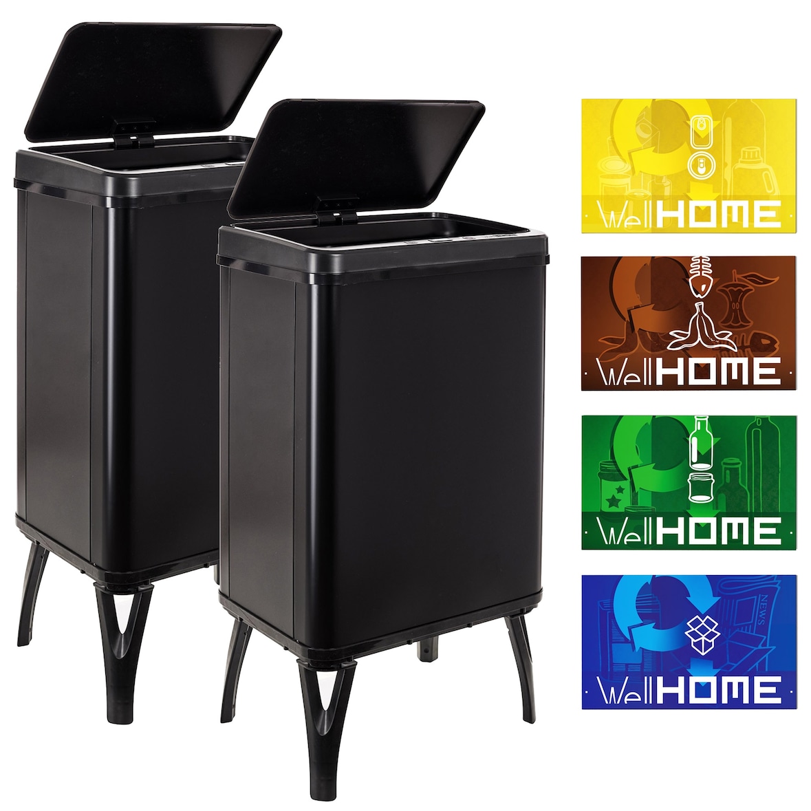 WellHome - Set 2 Cestini intelligenti 40L colore Nero con Etichette Magnetiche 35,5x26x71,5 cm