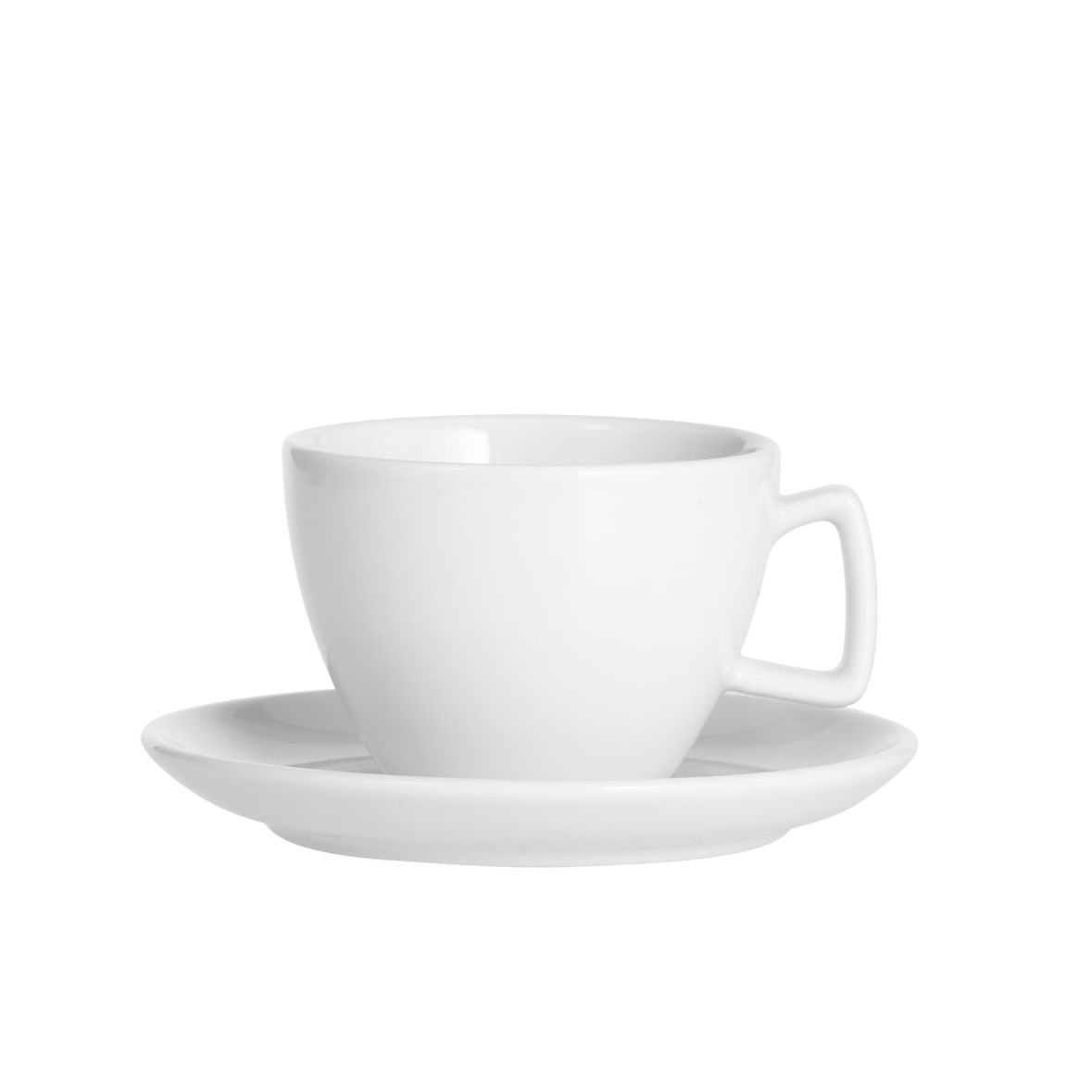 6 x Kaffee-/Cappuccino-Tasse, Inhalt: 0,20 ltr., mit Untertasse, Form CREMA, UNI WEISS, Henkelform eckig, Höhe: 7,0 cm