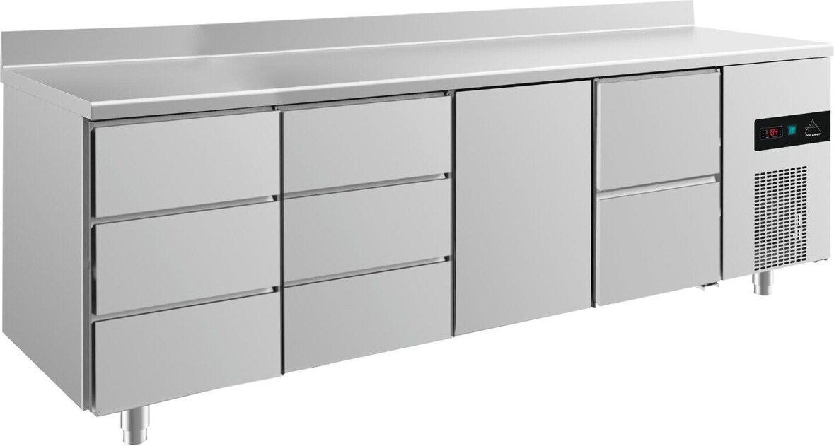 Kühltisch 2 Schubladen rechts je 3 Schubladen links&mittig 1 Tür mittig, Aufkantung, 2330x700x850mm -2/+8°C 632l