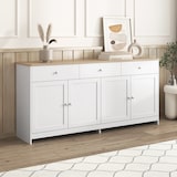 thumbnail of Sideboard Buffetschrank Landhausstil 160x37x75 cm, Weiß + Holzfarbe, mit Schubladen, Türen, verstellbaren Regalen, Küchen- und Wohnzimmerschrank
