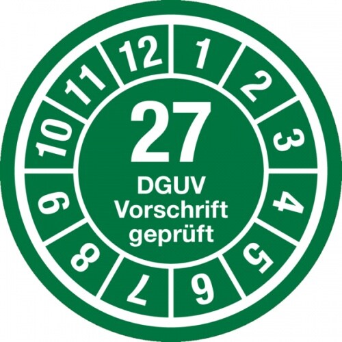 Jahresprüfplaketten ab 27, DGUV Vorschrift geprüft, Jahresfarben, Ø 35mm - Bogen = 10 Plaketten - 35 mm Folie selbstklebend