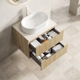 thumbnail of Badezimmer-Waschtisch 60x46x62 Ovales Keramikbecken Sintersteinplatte Schrank Sperrholz Soft-Close Schubladen Modern Weiß+Eiche